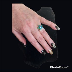 925 Sterling Silver Simulate Blue Opal Starfish Ladies Ring Size 7.